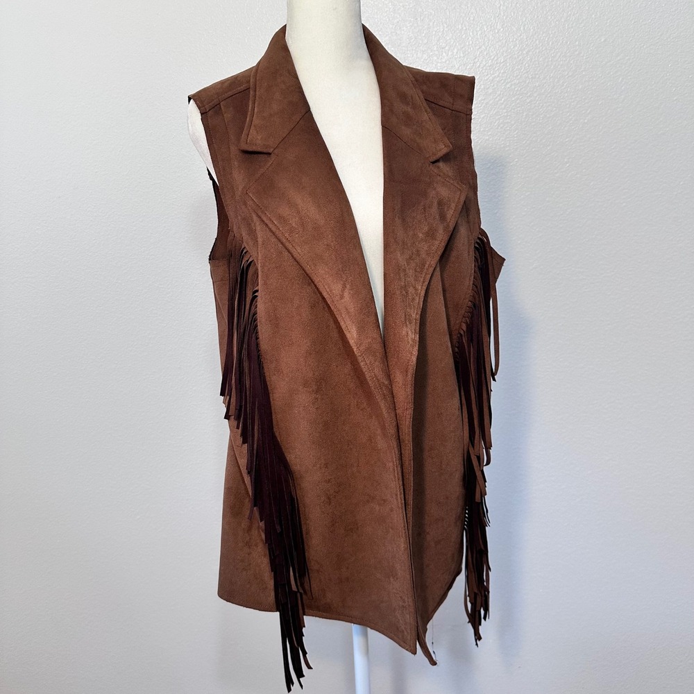 VTG Western Faux Suede Fringe Open Front Vest Women L Brown